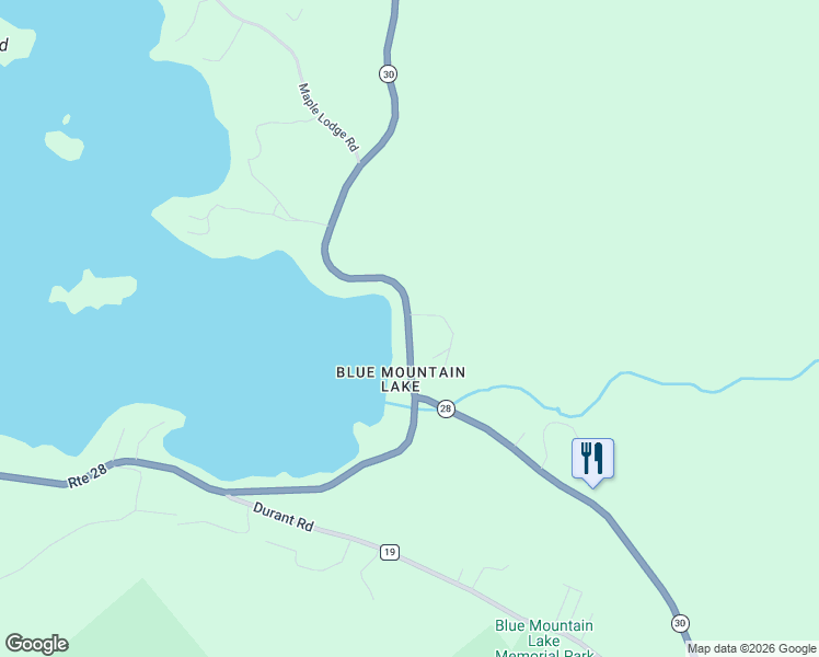 map of restaurants, bars, coffee shops, grocery stores, and more near State Highway 30 in Blue Mountain Lake