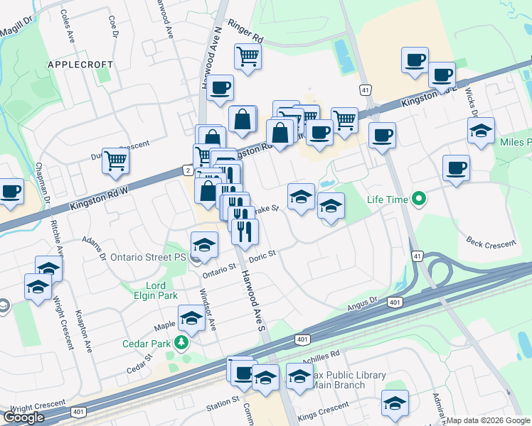 map of restaurants, bars, coffee shops, grocery stores, and more near 112 Heron Street in Ajax