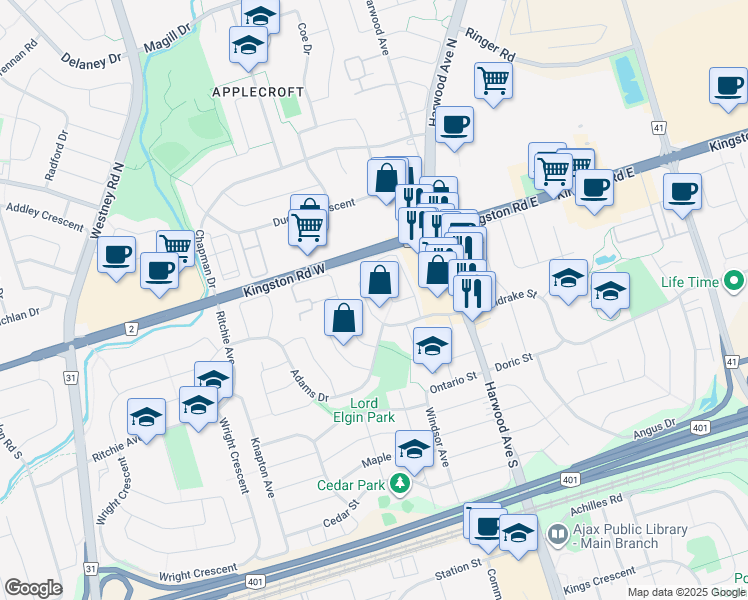 map of restaurants, bars, coffee shops, grocery stores, and more near 37 Gardiner Drive in Ajax