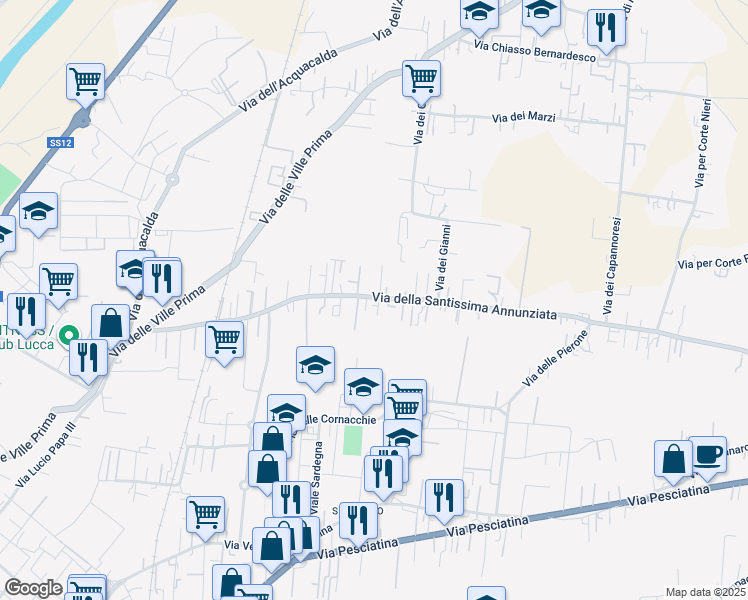 map of restaurants, bars, coffee shops, grocery stores, and more near 806 Via della Santissima Annunziata in Lucca