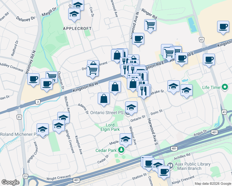 map of restaurants, bars, coffee shops, grocery stores, and more near 75 Chalmers Crescent in Ajax