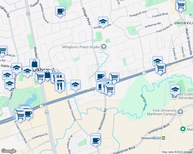 map of restaurants, bars, coffee shops, grocery stores, and more near 286 Buchanan Drive in Markham