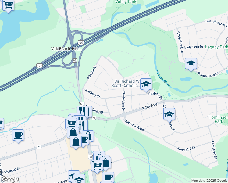 map of restaurants, bars, coffee shops, grocery stores, and more near 71 Quince Crescent in Markham