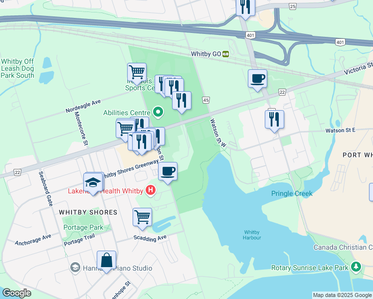 map of restaurants, bars, coffee shops, grocery stores, and more near in Whitby