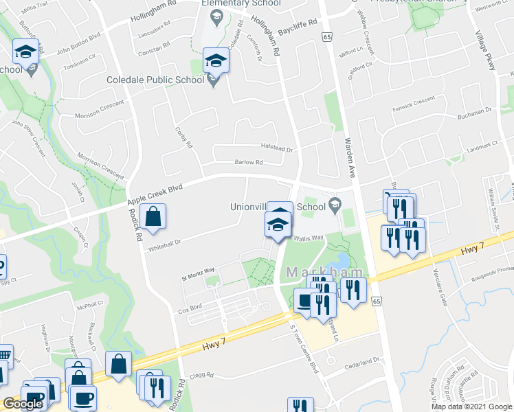map of restaurants, bars, coffee shops, grocery stores, and more near 221 Whitehall Drive in Markham
