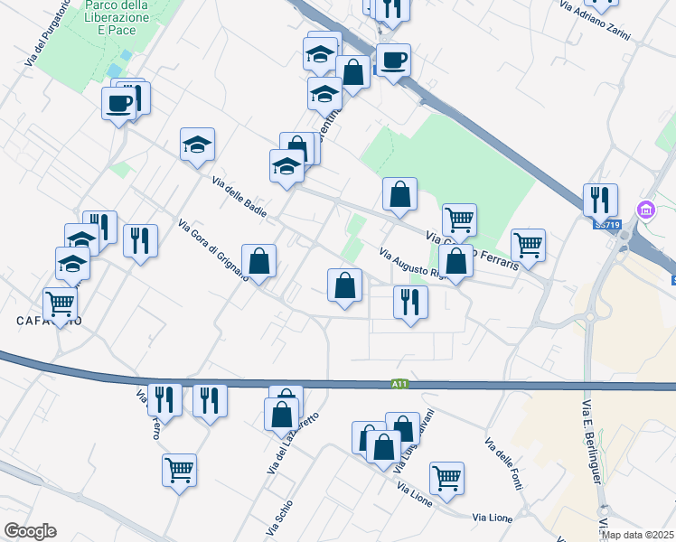 map of restaurants, bars, coffee shops, grocery stores, and more near 19-33 Via Enrico Fermi in Prato