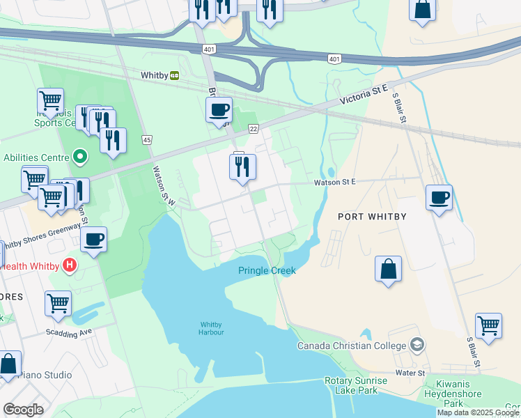 map of restaurants, bars, coffee shops, grocery stores, and more near 1717 Brock Street South in Whitby