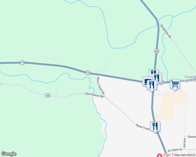 map of restaurants, bars, coffee shops, grocery stores, and more near Race Track Road in Ticonderoga