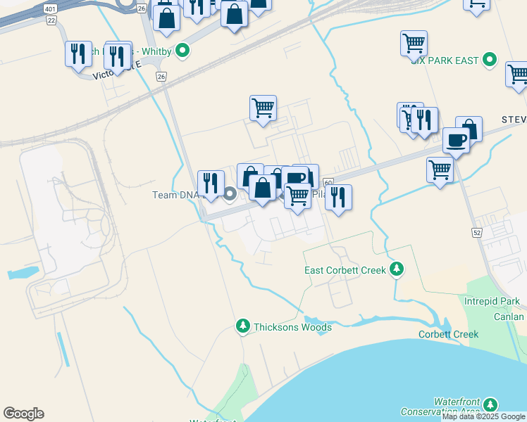 map of restaurants, bars, coffee shops, grocery stores, and more near 1751 Wentworth Street in Whitby