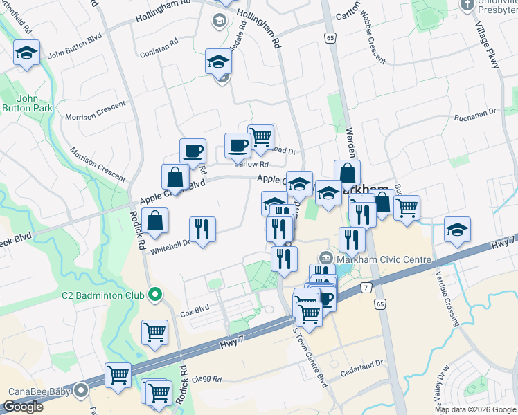map of restaurants, bars, coffee shops, grocery stores, and more near 221 Whitehall Drive in Markham