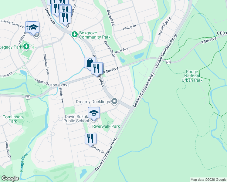 map of restaurants, bars, coffee shops, grocery stores, and more near in Markham