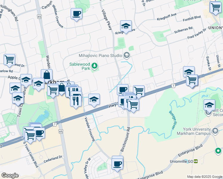 map of restaurants, bars, coffee shops, grocery stores, and more near  in Markham