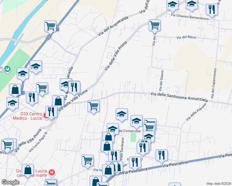map of restaurants, bars, coffee shops, grocery stores, and more near 65 Traversa II via SS.Annunziata in Lucca