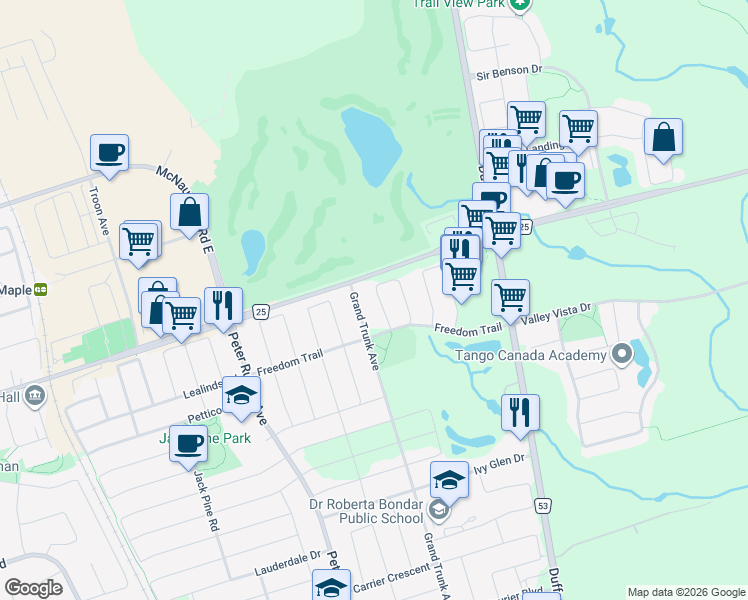 map of restaurants, bars, coffee shops, grocery stores, and more near 93 White Beach Crescent in Vaughan