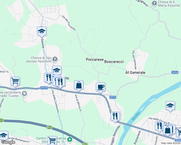 map of restaurants, bars, coffee shops, grocery stores, and more near 387 Via della Chiesa XXIII in San Macario In Piano