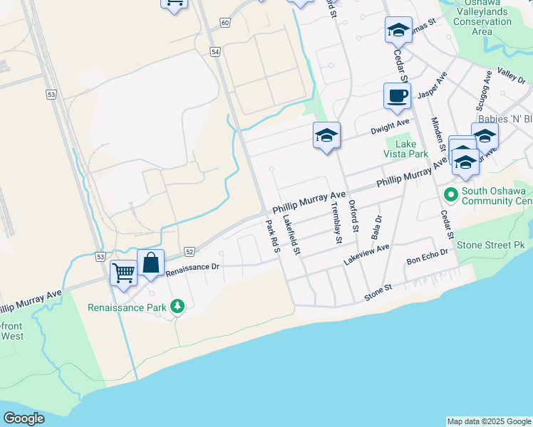 map of restaurants, bars, coffee shops, grocery stores, and more near Park Road South & Phillip Murray Avenue in Oshawa