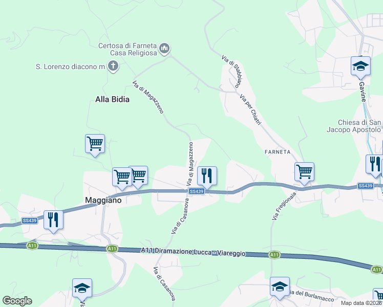 map of restaurants, bars, coffee shops, grocery stores, and more near 149 Via di Magazzeno in Maggiano