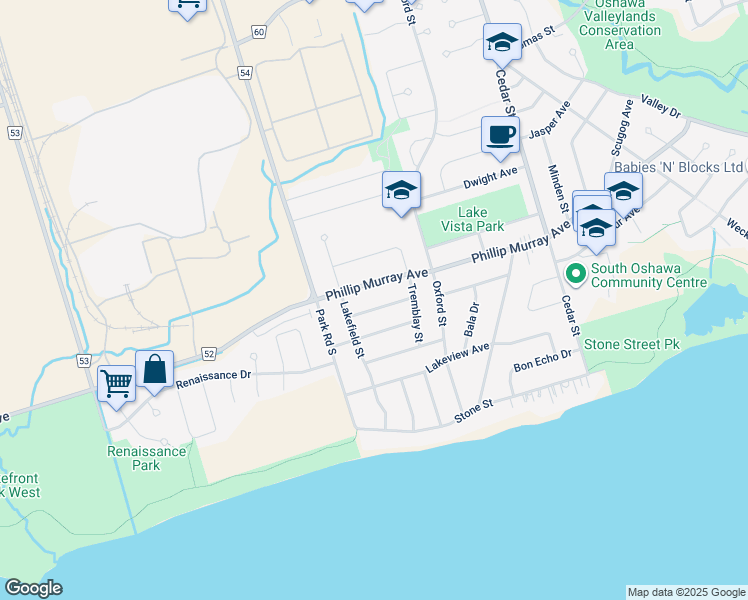 map of restaurants, bars, coffee shops, grocery stores, and more near in Oshawa