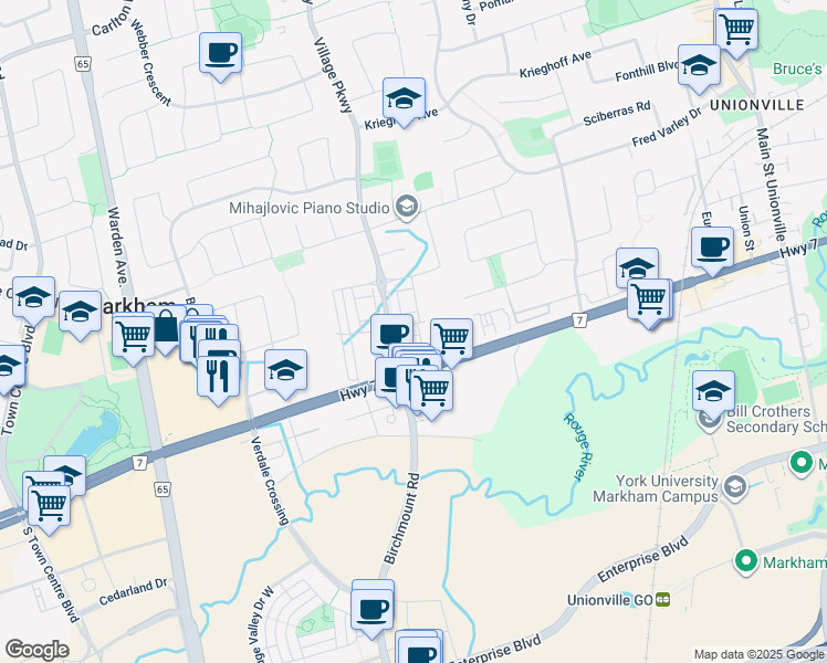 map of restaurants, bars, coffee shops, grocery stores, and more near in Markham
