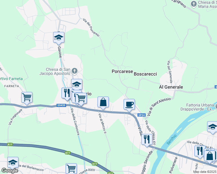 map of restaurants, bars, coffee shops, grocery stores, and more near 515 Via della Chiesa XXIII in Lucca