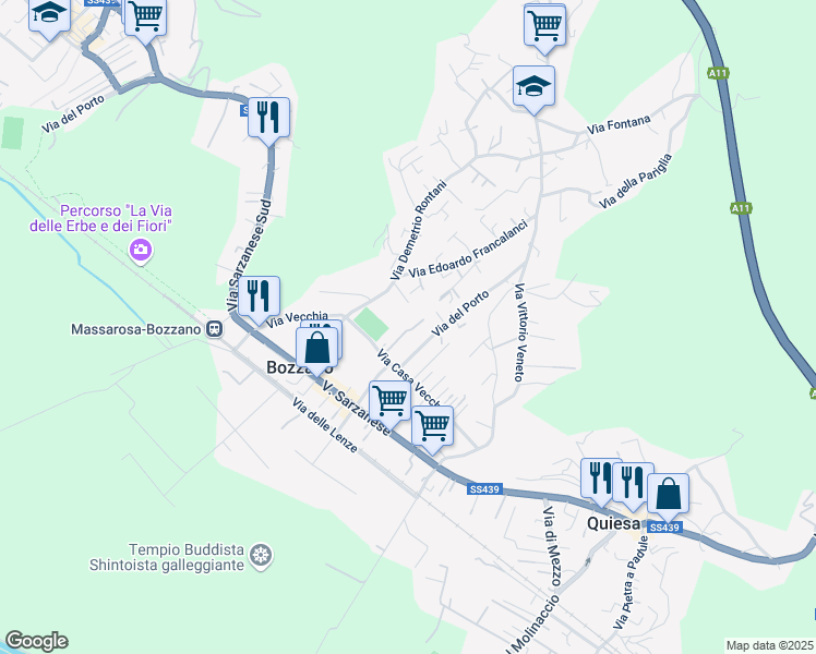 map of restaurants, bars, coffee shops, grocery stores, and more near 111 Via Muricciola in Massarosa