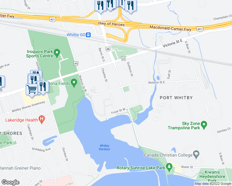map of restaurants, bars, coffee shops, grocery stores, and more near 115 Watson Street West in Whitby