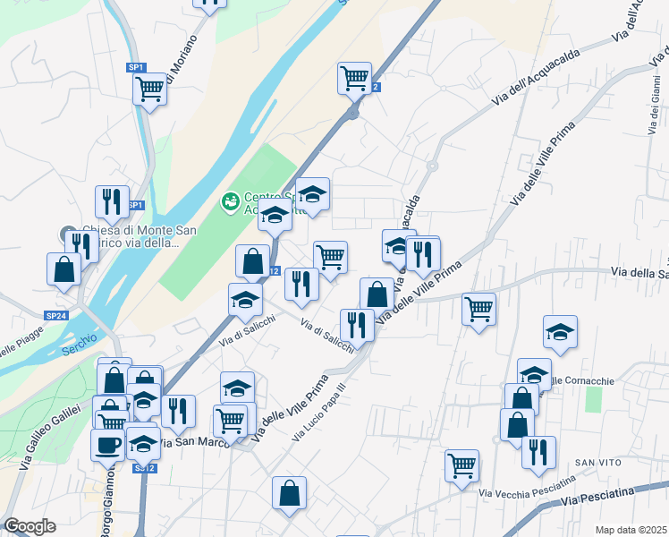 map of restaurants, bars, coffee shops, grocery stores, and more near 294 Via dei Bichi in Lucca