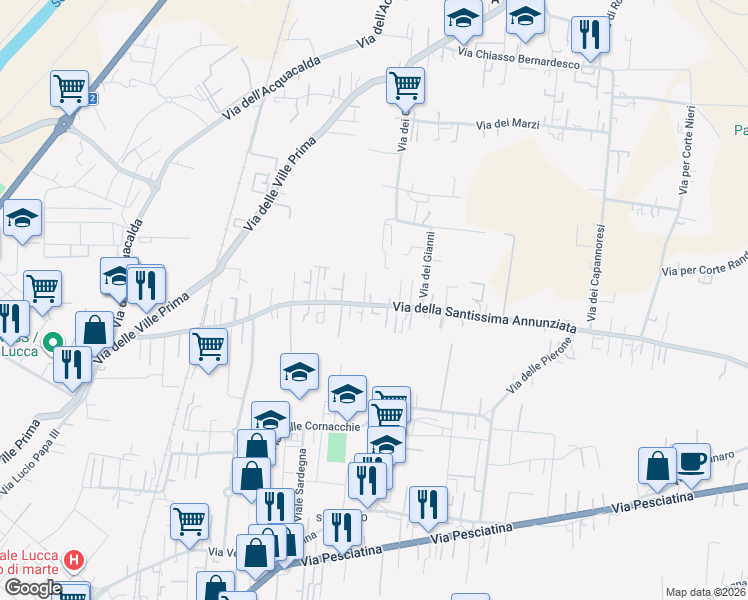 map of restaurants, bars, coffee shops, grocery stores, and more near 806 Via della Santissima Annunziata in Lucca