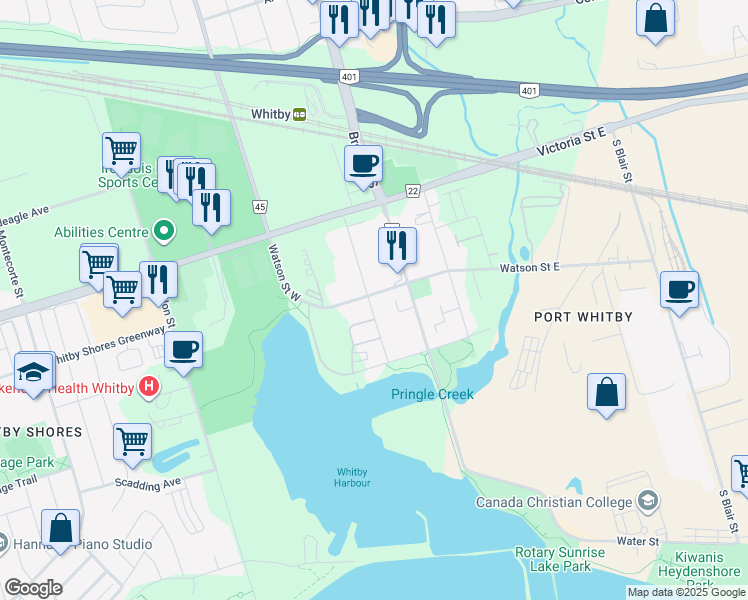map of restaurants, bars, coffee shops, grocery stores, and more near 117 Watson Street West in Whitby