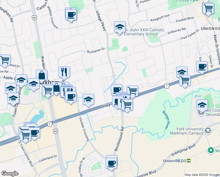 map of restaurants, bars, coffee shops, grocery stores, and more near 278 Buchanan Drive in Markham