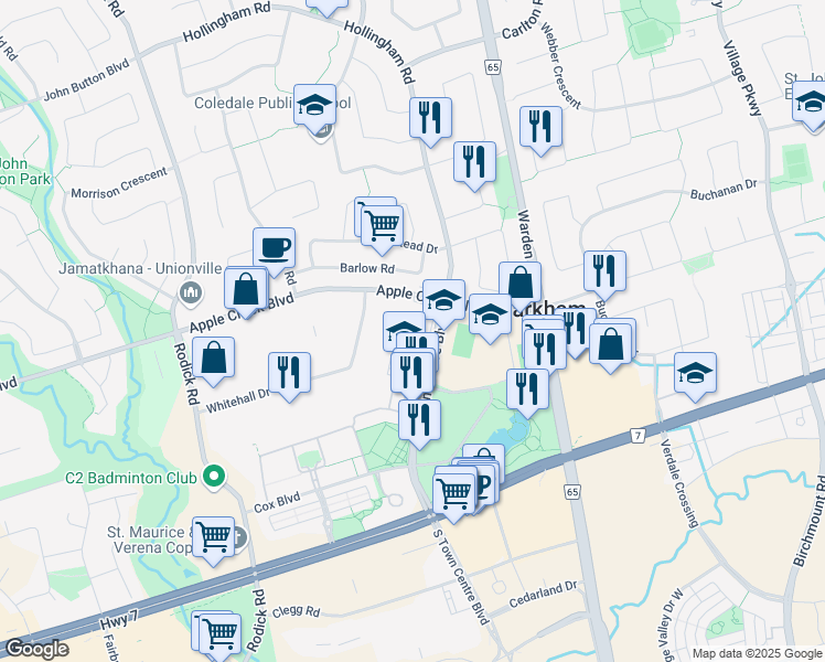 map of restaurants, bars, coffee shops, grocery stores, and more near 306 Town Centre Boulevard in Markham