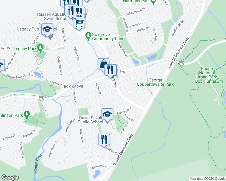 map of restaurants, bars, coffee shops, grocery stores, and more near 24 Germain Crescent in Markham