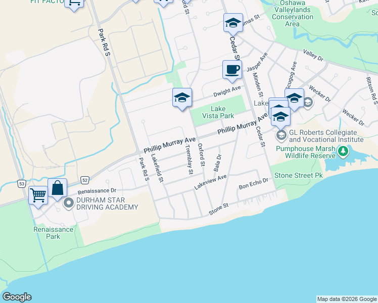 map of restaurants, bars, coffee shops, grocery stores, and more near Tremblay Street in Oshawa
