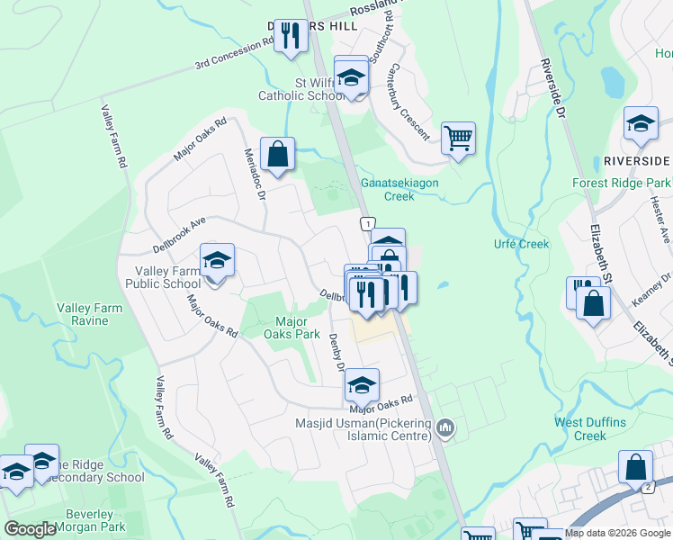 map of restaurants, bars, coffee shops, grocery stores, and more near in Pickering