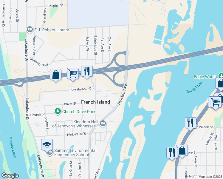 map of restaurants, bars, coffee shops, grocery stores, and more near 2302 Bainbridge Street in La Crosse
