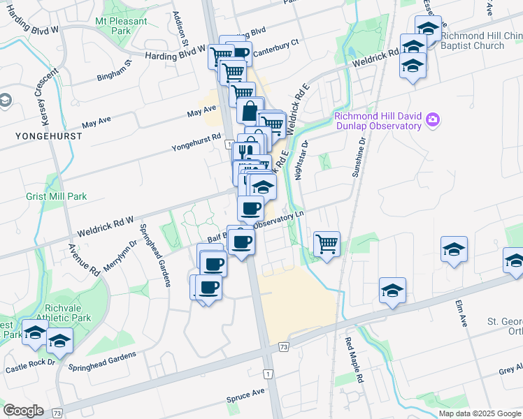 map of restaurants, bars, coffee shops, grocery stores, and more near 9555 Yonge Street in Richmond Hill