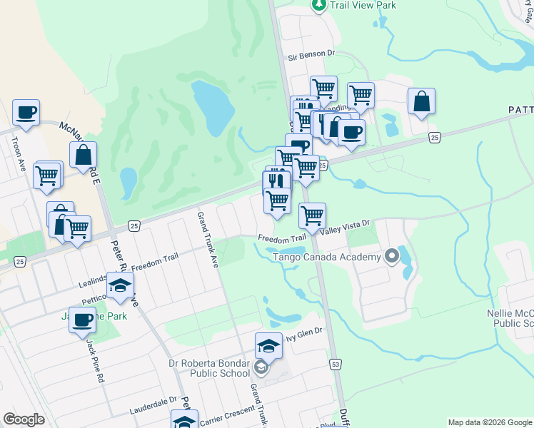 map of restaurants, bars, coffee shops, grocery stores, and more near 42 Laramie Crescent in Vaughan