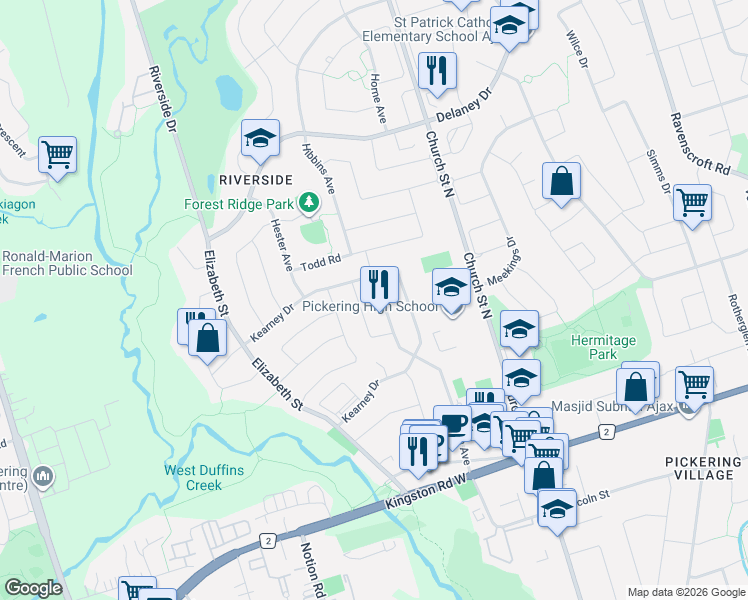 map of restaurants, bars, coffee shops, grocery stores, and more near 86 Linton Avenue in Ajax