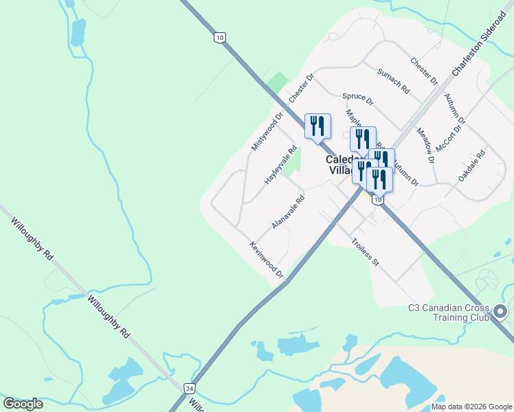 map of restaurants, bars, coffee shops, grocery stores, and more near 24 Hayleyvale Road in Caledon