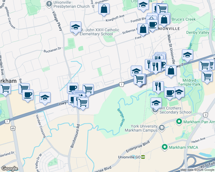 map of restaurants, bars, coffee shops, grocery stores, and more near 4124 Highway 7 in Markham