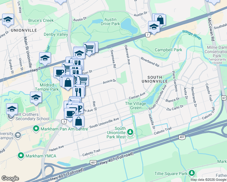 map of restaurants, bars, coffee shops, grocery stores, and more near 166 Valentina Drive in Markham