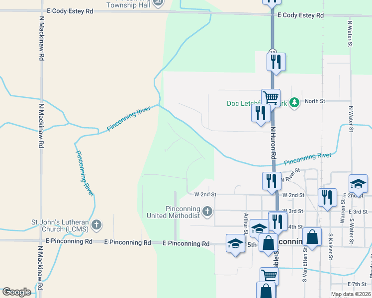 map of restaurants, bars, coffee shops, grocery stores, and more near 1136 Jule Drive in Pinconning