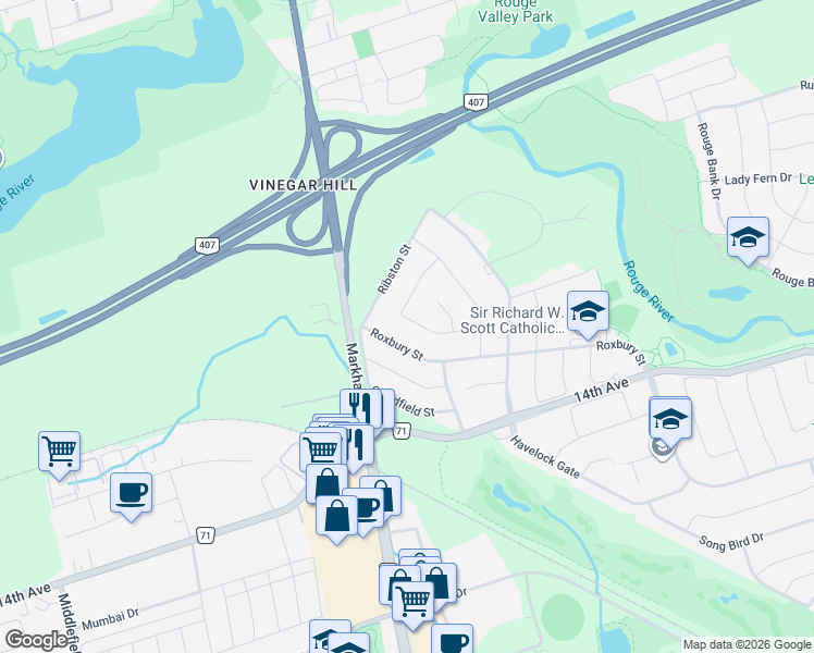 map of restaurants, bars, coffee shops, grocery stores, and more near 107 Quince Crescent in Markham