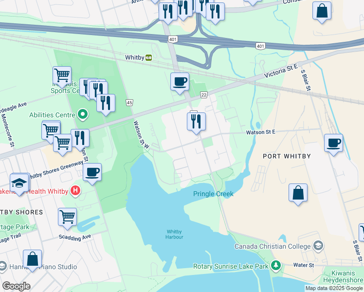 map of restaurants, bars, coffee shops, grocery stores, and more near Charles Street in Whitby