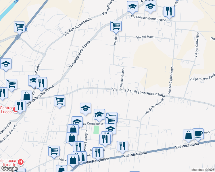 map of restaurants, bars, coffee shops, grocery stores, and more near 806 Via della Santissima Annunziata in Lucca