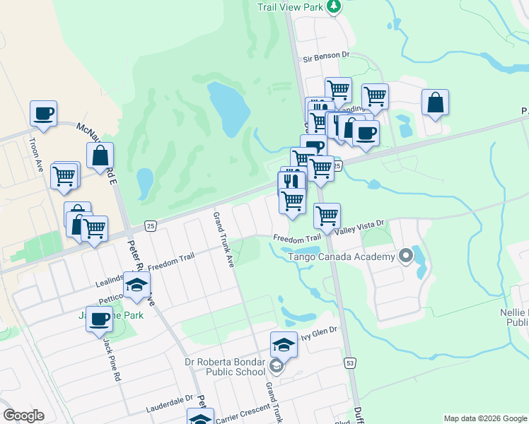 map of restaurants, bars, coffee shops, grocery stores, and more near 125 Laramie Crescent in Vaughan
