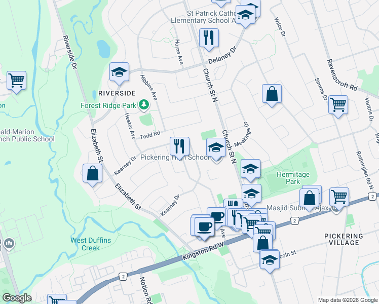 map of restaurants, bars, coffee shops, grocery stores, and more near 102 Kearney Drive in Ajax