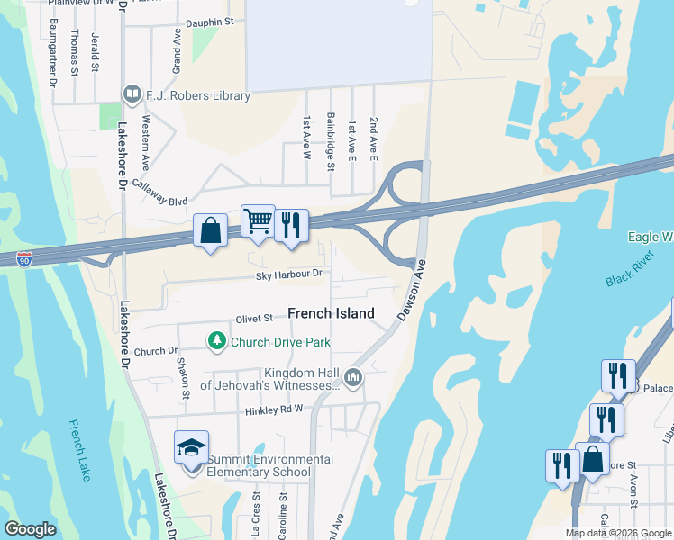 map of restaurants, bars, coffee shops, grocery stores, and more near 2308 Bainbridge Street in La Crosse