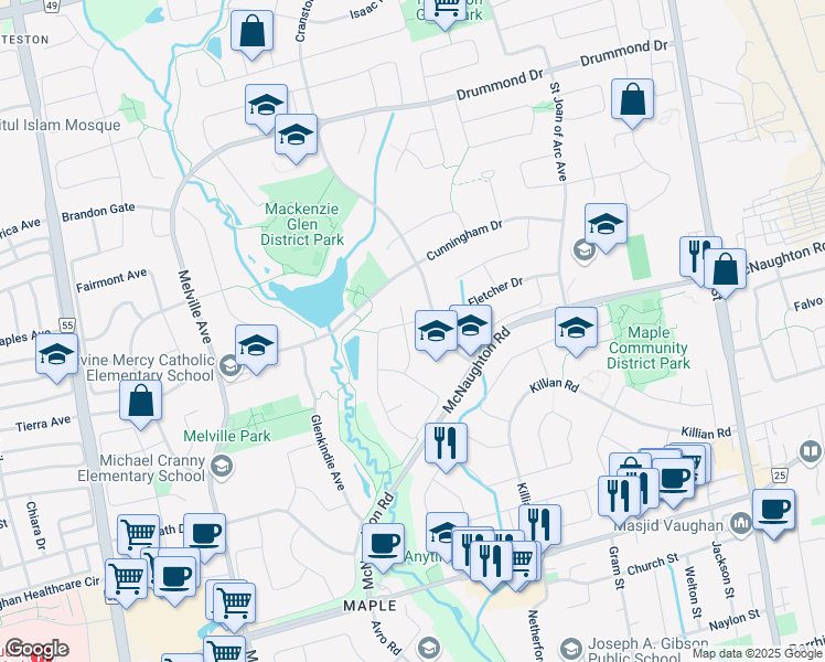 map of restaurants, bars, coffee shops, grocery stores, and more near 159 Fletcher Drive in Vaughan