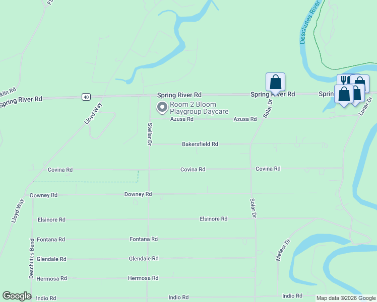 map of restaurants, bars, coffee shops, grocery stores, and more near 17094 Bakersfield Road in Bend